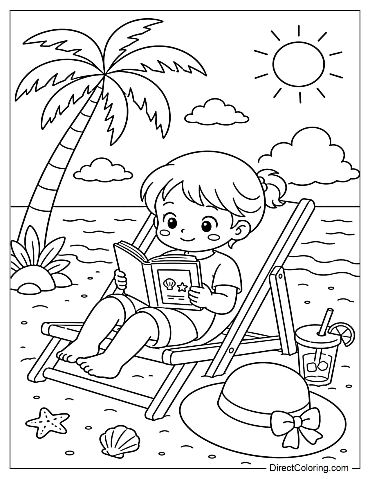 A little girl is lying on a beach chair reading a book, with a cool drink next to her and a wide-brimmed hat on the sand.