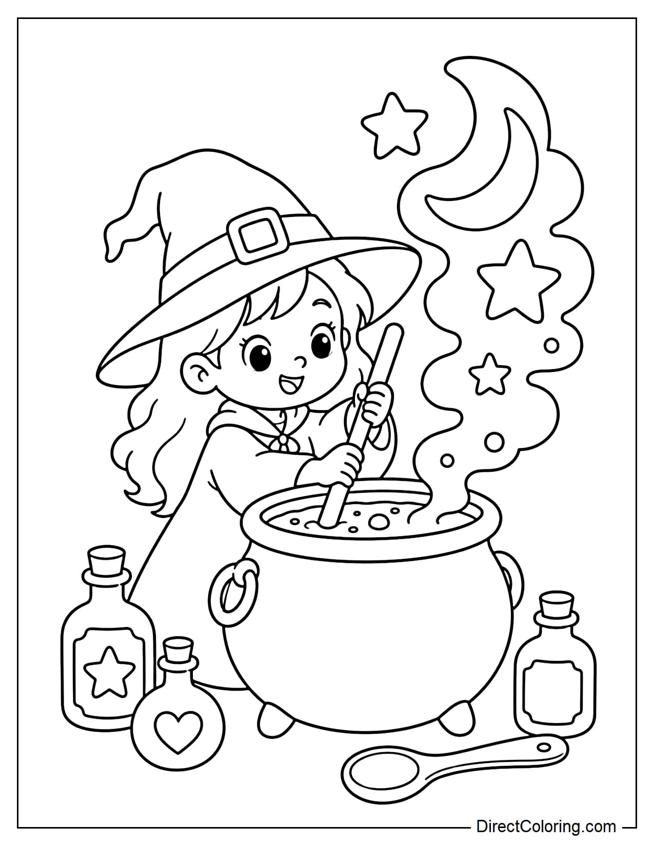 A young witch is stirring a large cauldron as simple star- and moon-shaped steam rises above it, with a few potion bottles and a wooden spoon nearby.