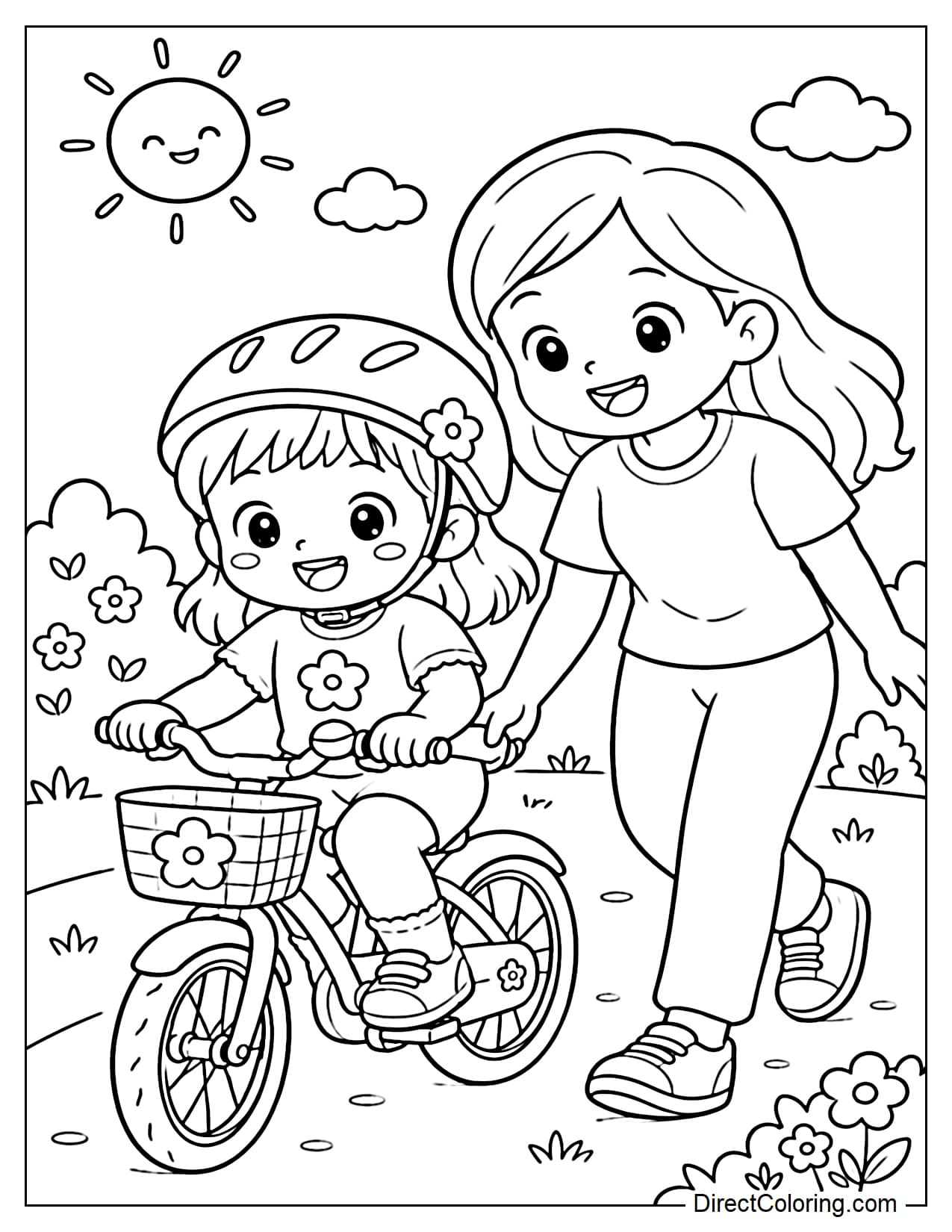 A little girl is learning to ride a bike while her mom walks beside her and gently helps from behind. Around them are a few bushes, short grass, and a small sun.