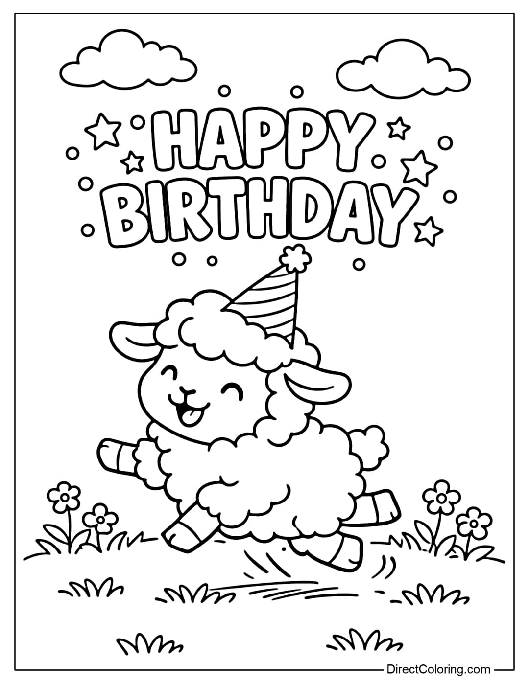 A coloring page featuring a sheep wearing a birthday hat running and jumping in a field, with the words HAPPY BIRTHDAY.
