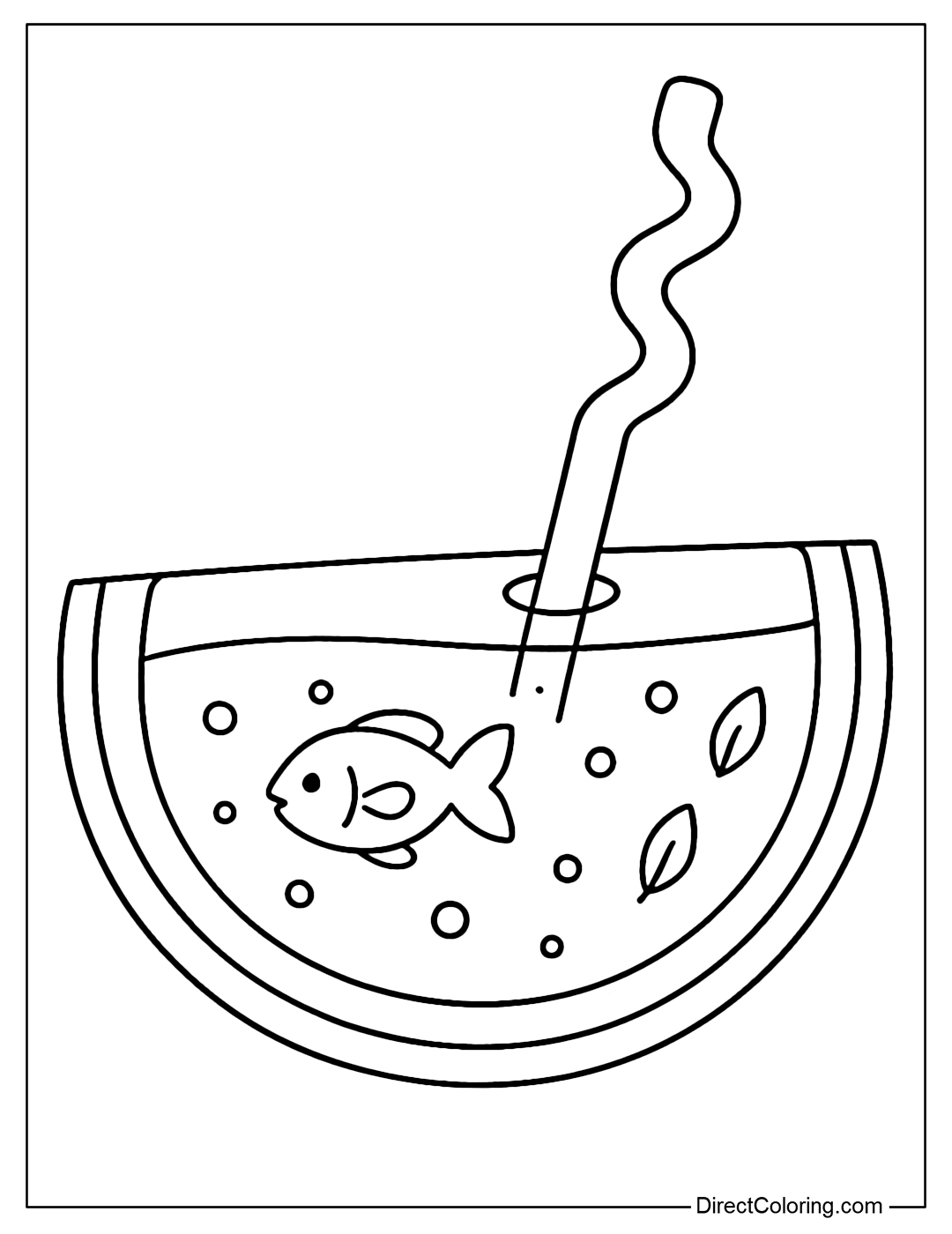 A transparent yellow melon slice coloring page, a round hole in the middle for a wavy straw to go through. Inside is a mini fish swimming among the bubbles and small leaves.