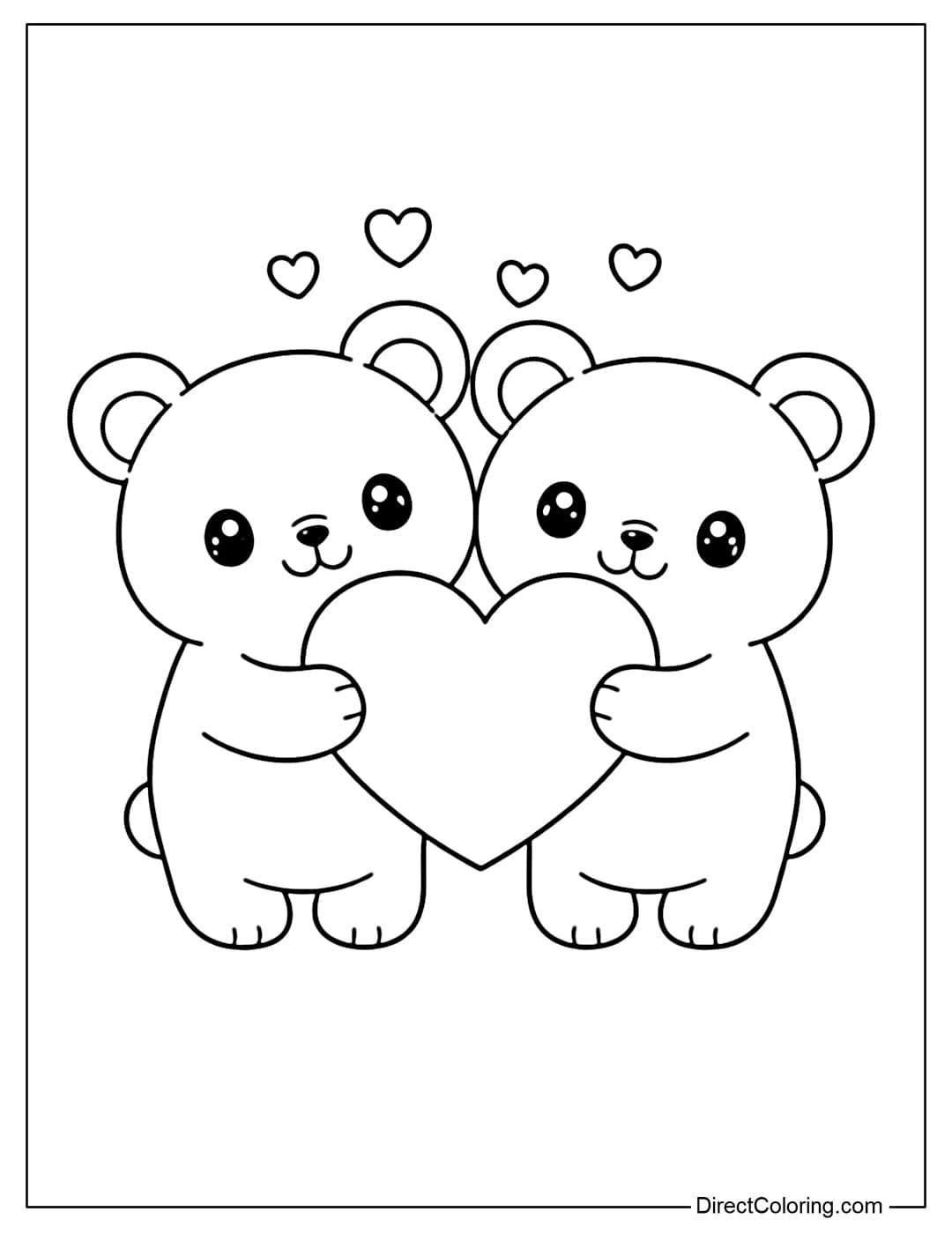 A coloring page with two bears standing next to each other, both holding a large heart in the middle.
