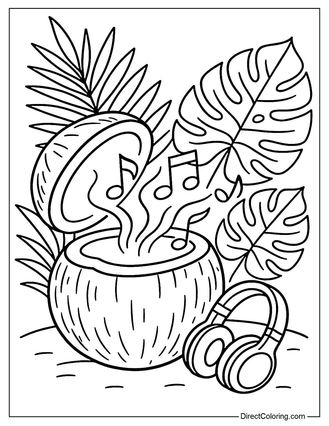 Coloring page of an open coconut, inside playing summer music waves. A small headphone placed next to the coconut shell, in the background are some tropical leaves.