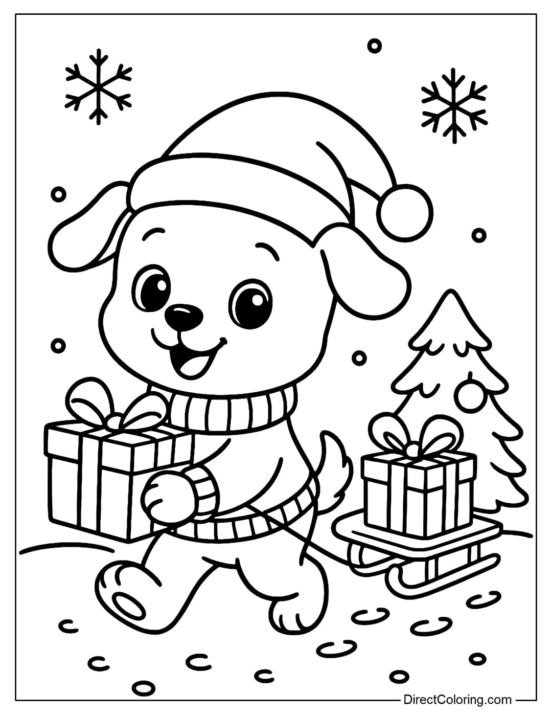 A cute puppy wearing a Santa hat and a sweater pulling a mini sleigh carrying a gift box.