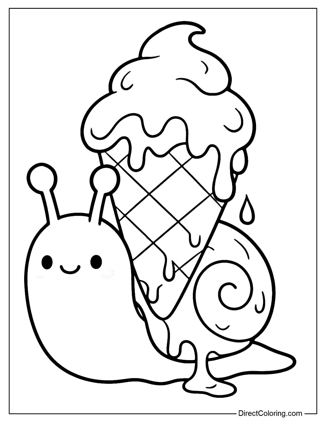 Coloring page of a snail carrying a large ice cream cone on its shell, the ice cream melting down to form cute, easy-to-color details.
