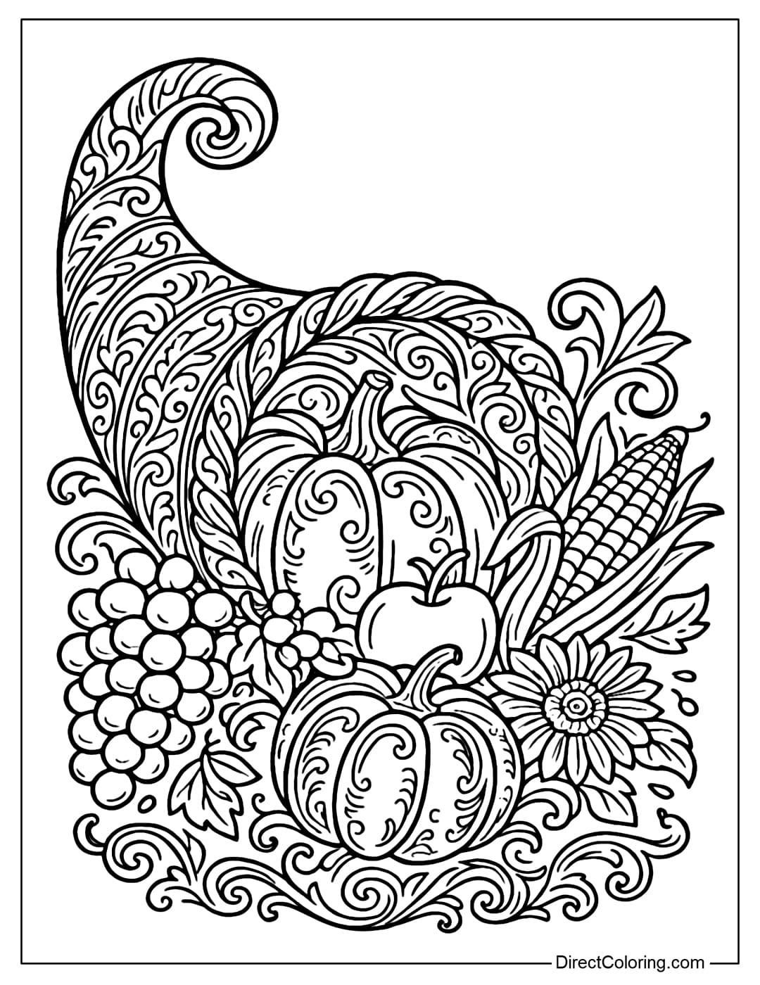 Cornucopia coloring page with classic style, curved lines and traditional decorative patterns.