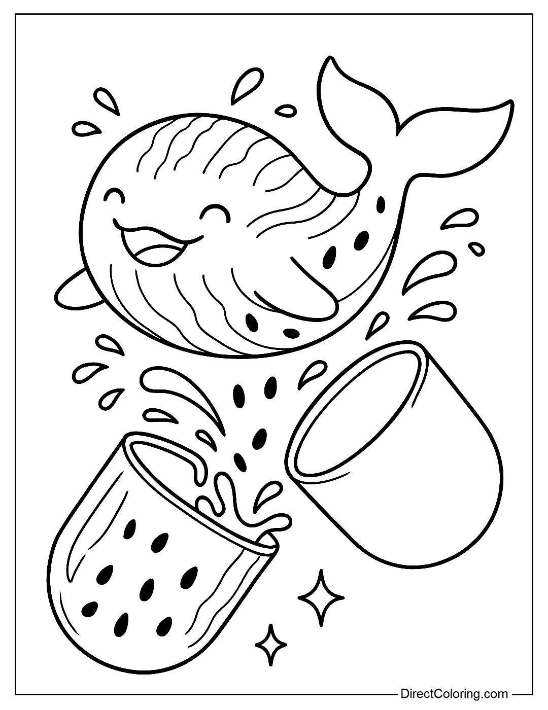A coloring page of a capsule with a plump whale with watermelon patterns jumping out of the capsule fruit pill, with seeds and water splashing around