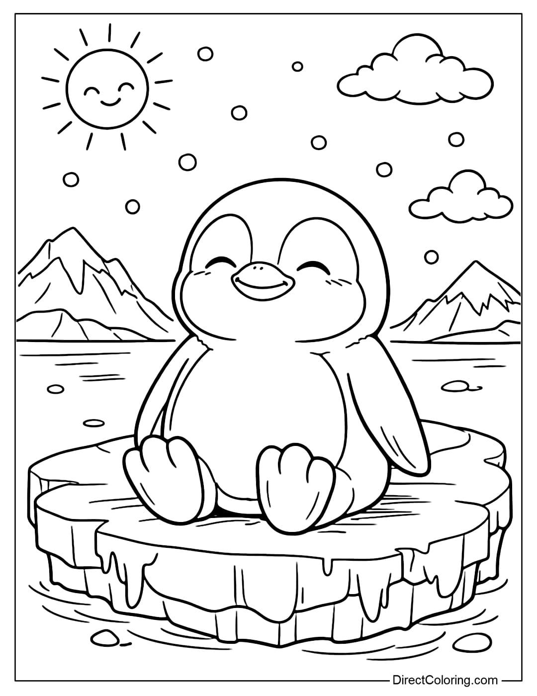 A coloring page of a penguin sitting on ice, legs pointing forward, wings at its sides.