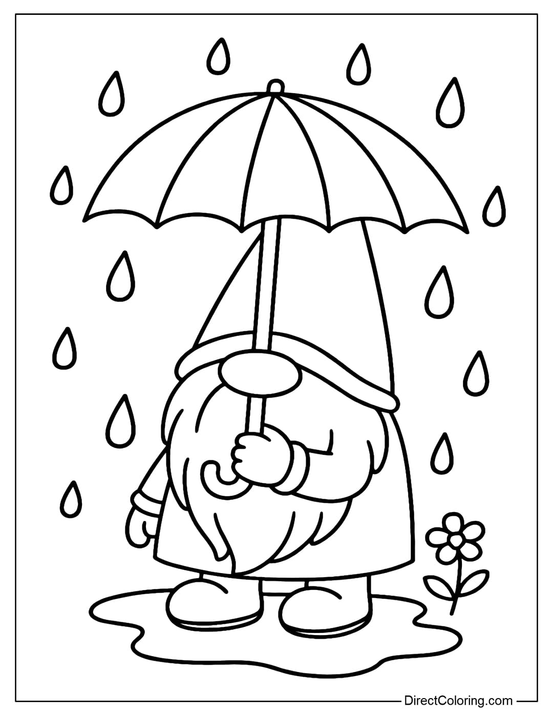 A coloring page of a gnome on a rainy day, holding an umbrella, with a small puddle at its feet.