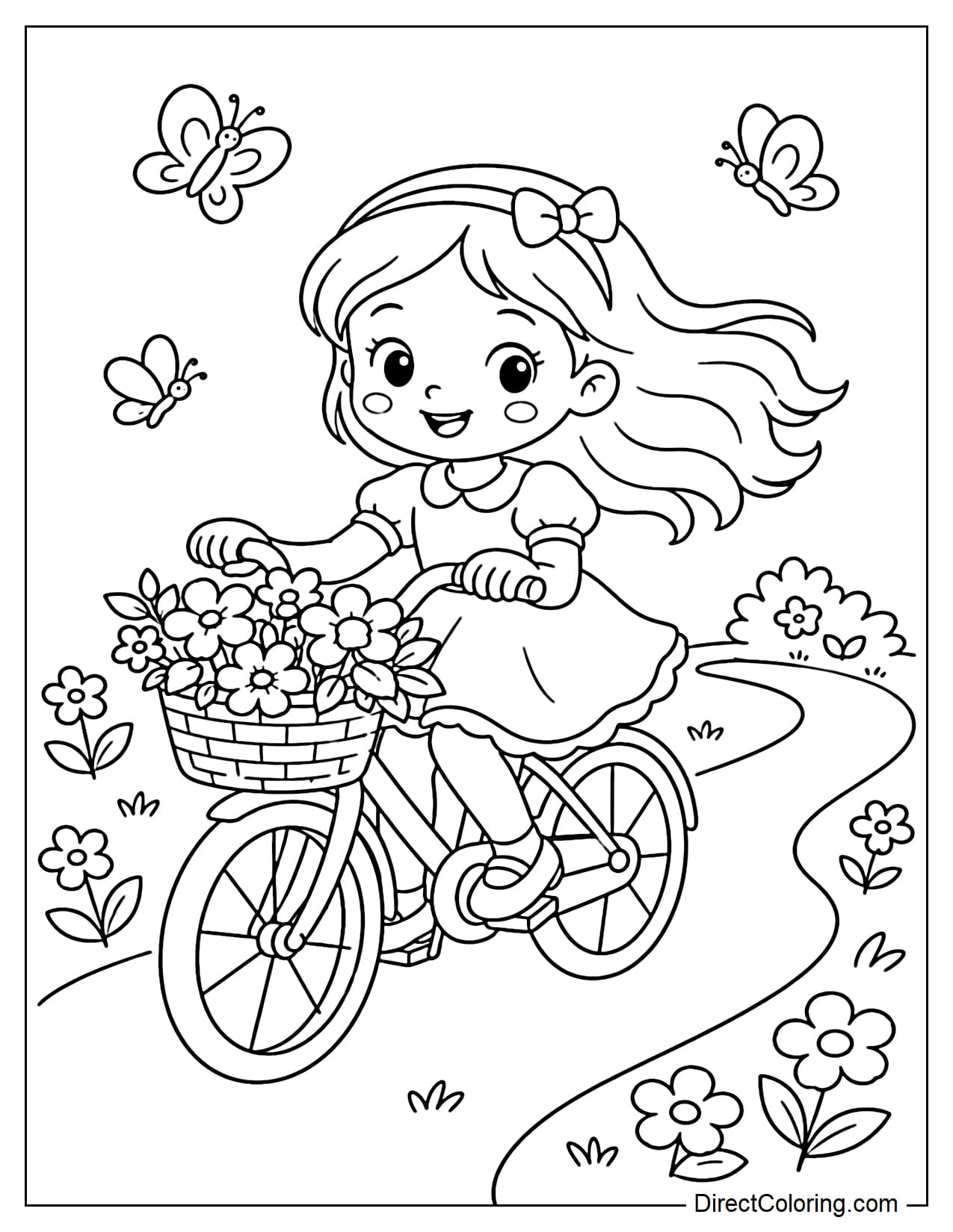 A little girl rides her bike gently with a basket of flowers in front. Her hair flows softly, and she smiles as flowers and small butterflies surround her.