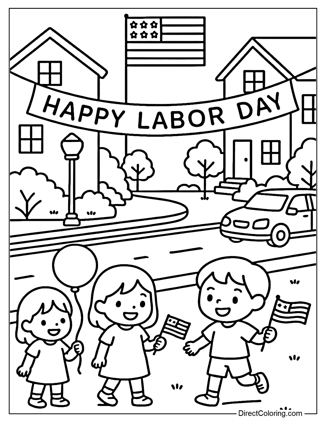 Coloring page of a neighborhood with flags and ribbons celebrating Labor Day, children playing around.