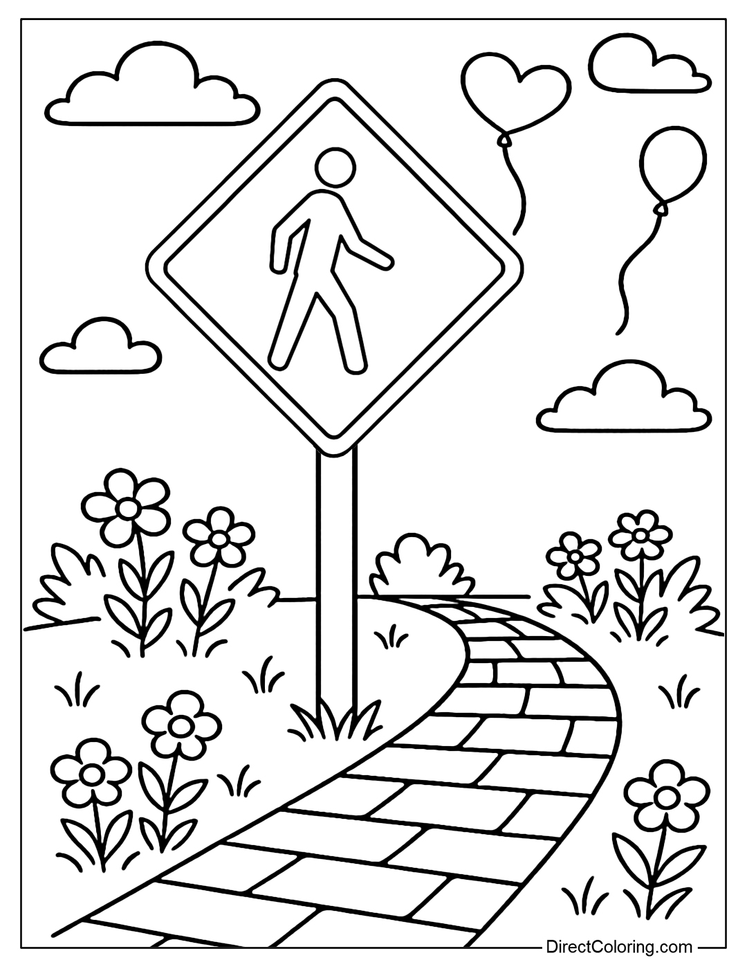 Pedestrian Crossing Wonderland Coloring Page with Clouds and Balloons.