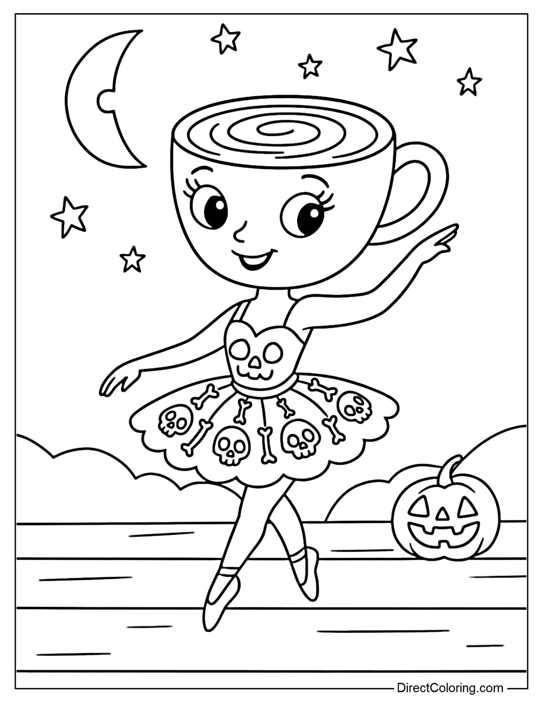 A ballerina Cappuccina coloring page with a ballet dress decorated with bones.