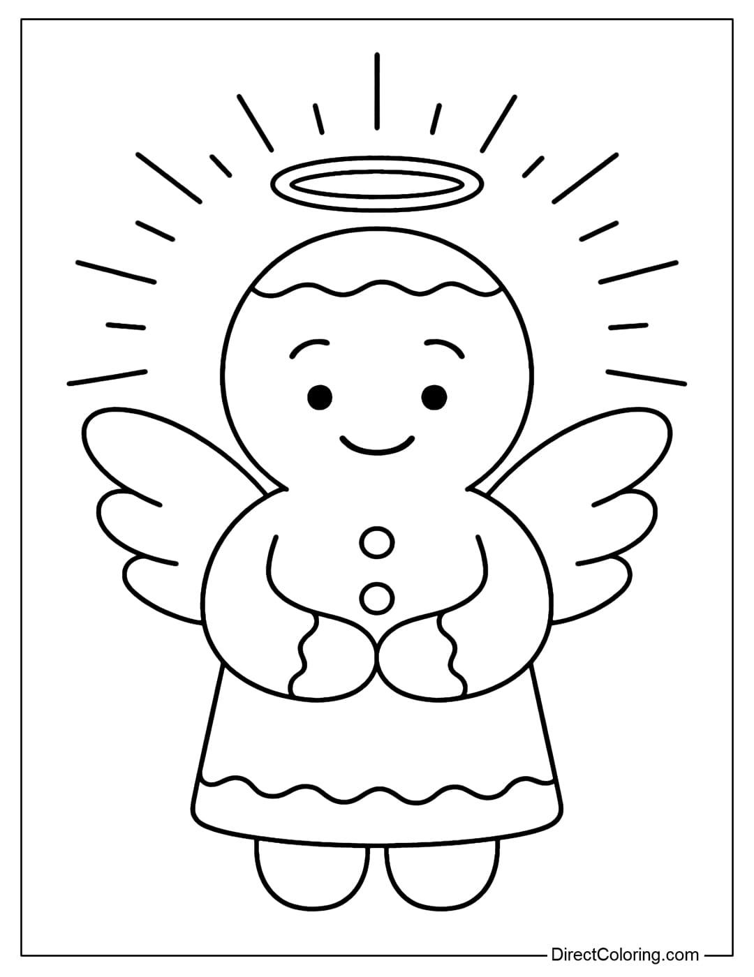 A gingerbread man coloring page with angel wings and a small halo.
