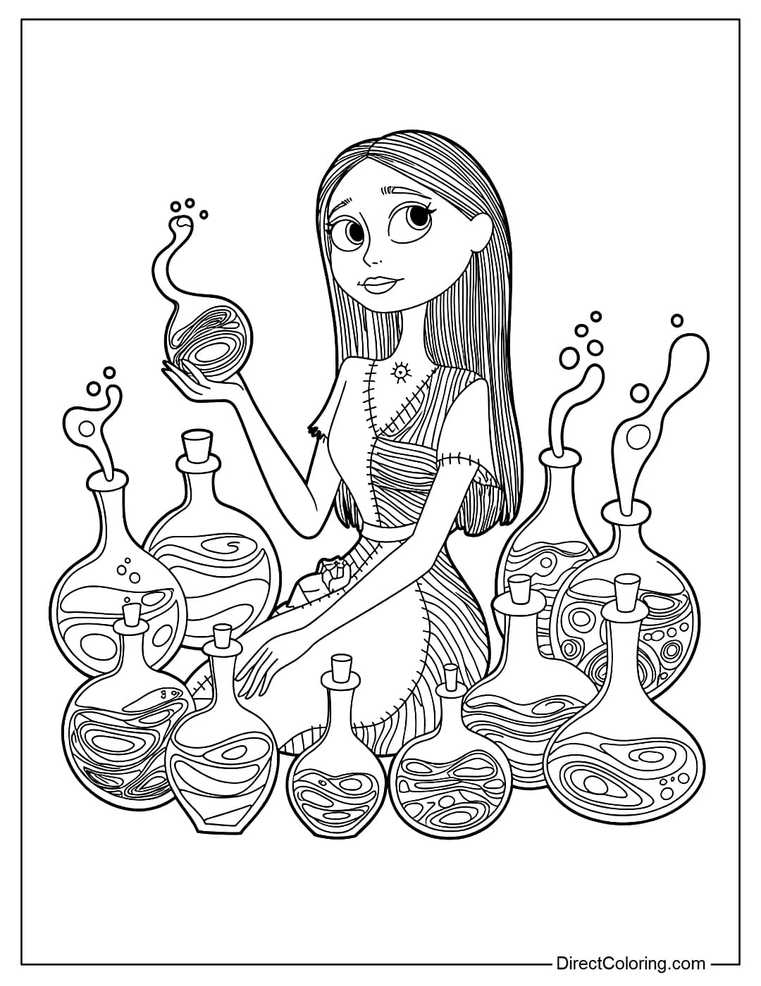 Coloring Page of&nbsp;Sally sitting among many strange colored potions, gentle face.