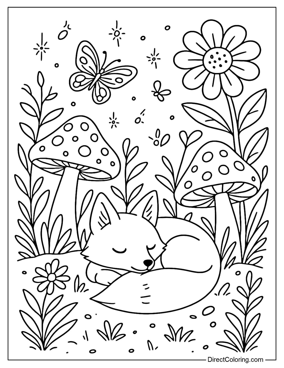 Coloring page of a fox resting in a fairy garden, surrounded by mushrooms, giant flowers, butterflies and glowing fireflies.