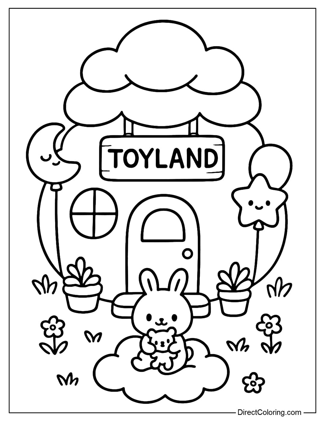 Cloud Toy Shop Coloring Page A fluffy cloud toy shop coloring page, with a layered cloud-like roof.