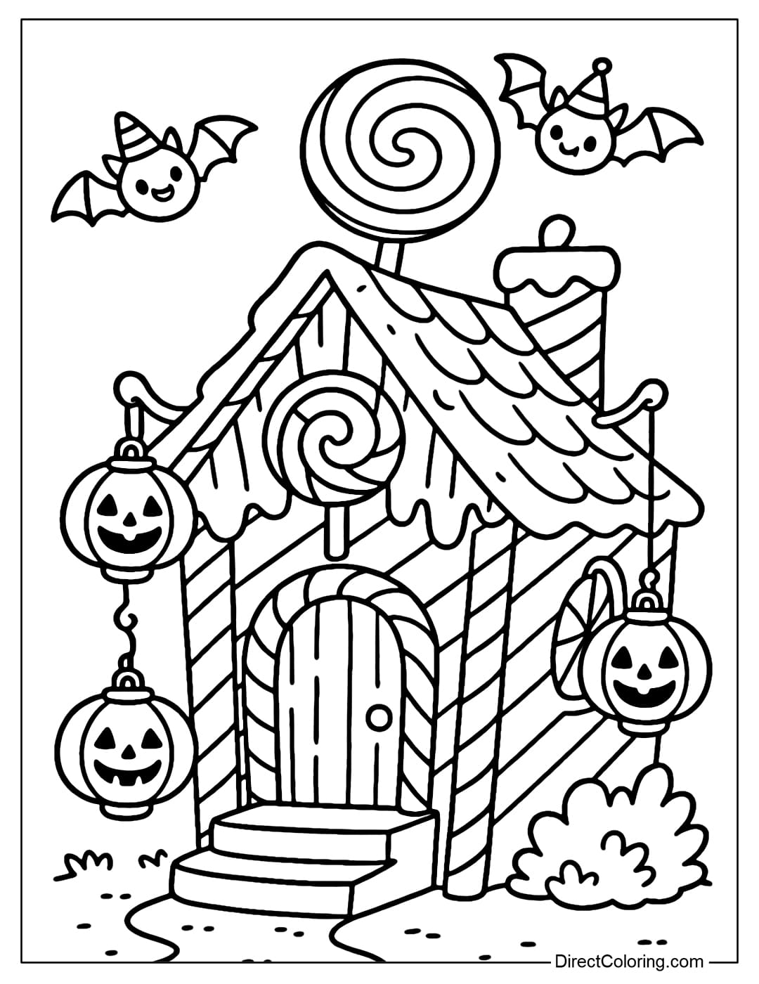 The haunted house coloring page is made of sweet candy, surrounded by pumpkin lanterns, and a few small bats wearing Halloween party hats.