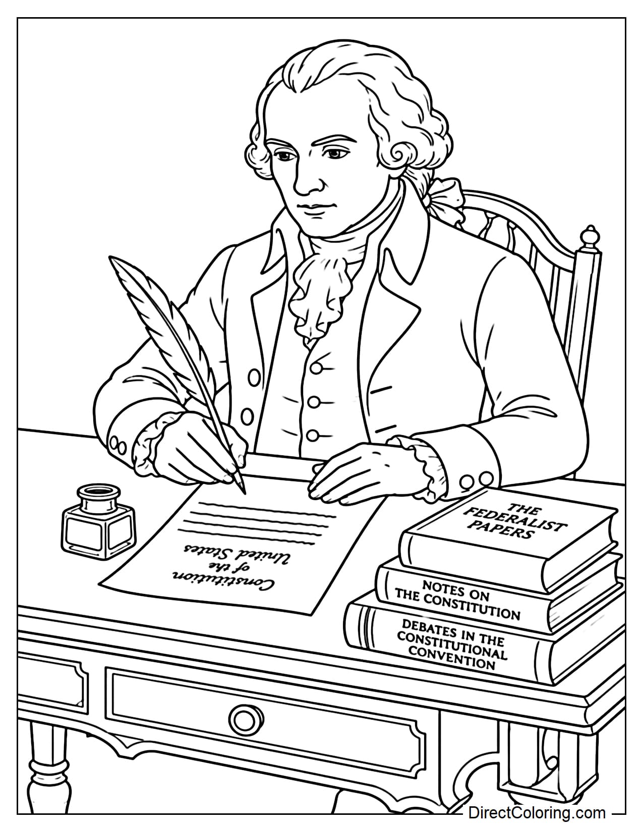 James Madison sitting at an old wooden desk, writing notes with a quill on papers related to the Constitution, with an inkwell and a few books beside him.