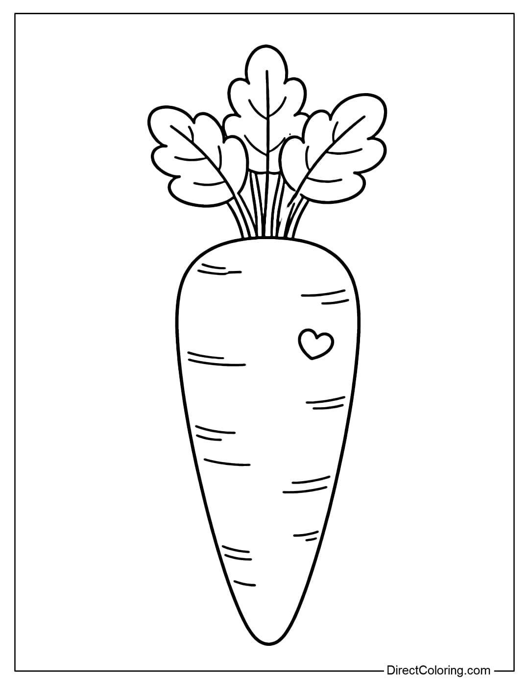 A large carrot standing upright in the center, with simple leaves on top and a small heart inside.