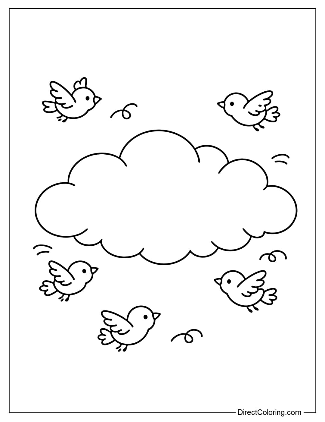 A cloud flying among a few simple little birds flapping their wings.
