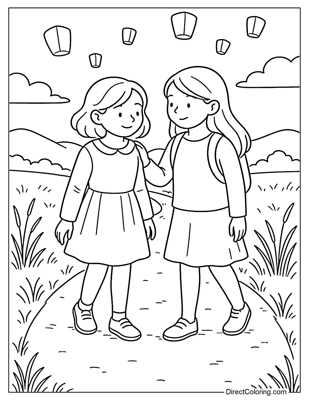 Coloring page of two girls walking along a country road with paper lanterns gently flying in the distance.