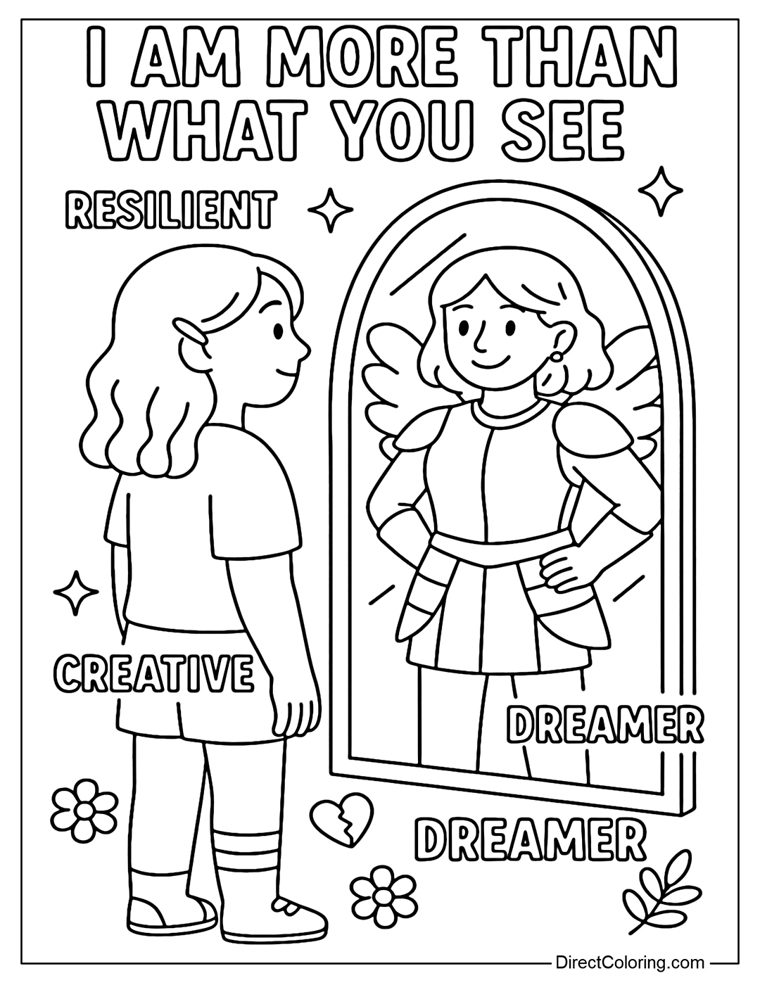 A coloring page of a girl standing in front of a mirror, but the reflection in the mirror is a stronger version wearing armor and wings.