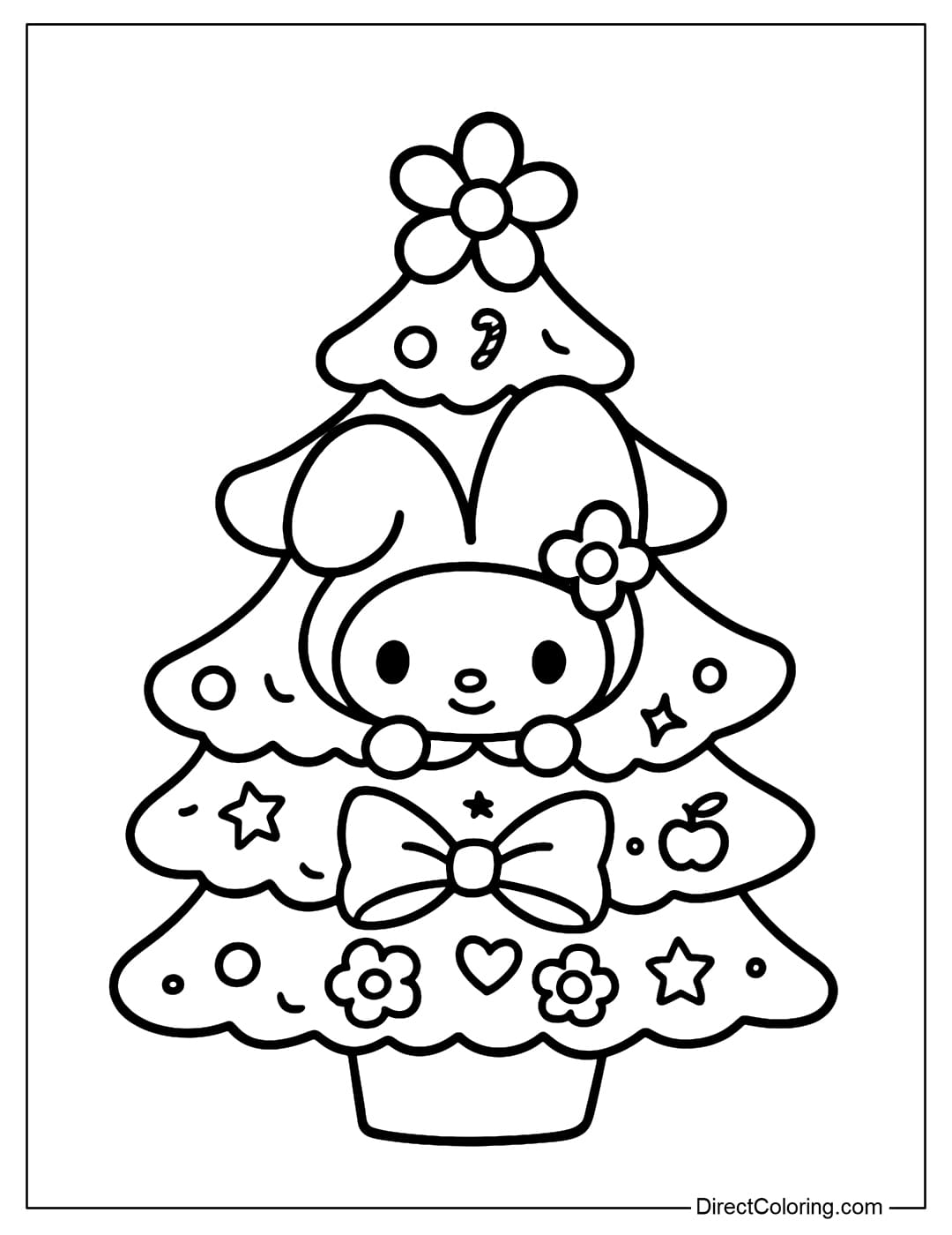 A lovely My Melody coloring page is peeking out from the middle of a Christmas tree.