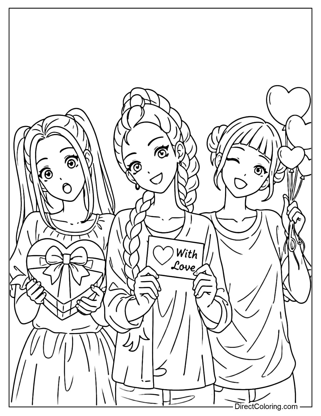Kpop Demon Hunters coloring page features three girls: Rumi holding a 