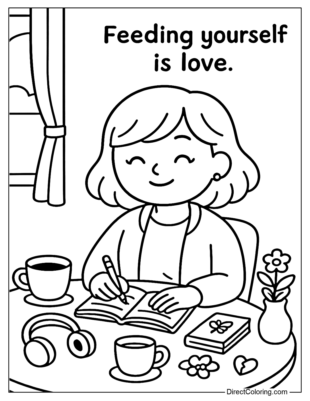 A girl sitting alone in a coffee shop, smiling, writing in a diary. Her face exudes contentment. The surrounding details can be a cup of coffee, headphones, small flowers, a book she is reading.