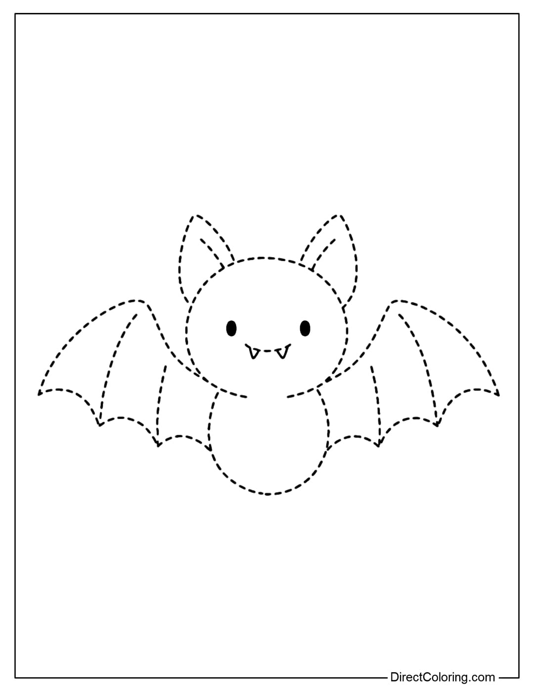 A small bat tracing coloring page with wings and small fangs.