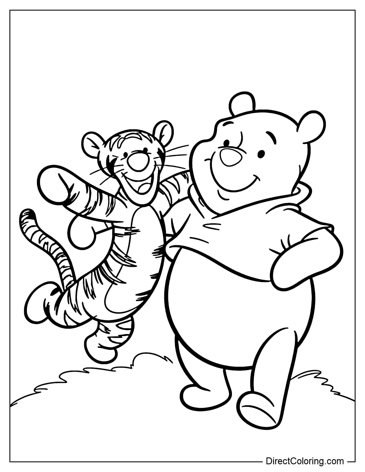 Winnie the Pooh and Tigger are playing happily, Tigger jumping around while Pooh stands smiling.