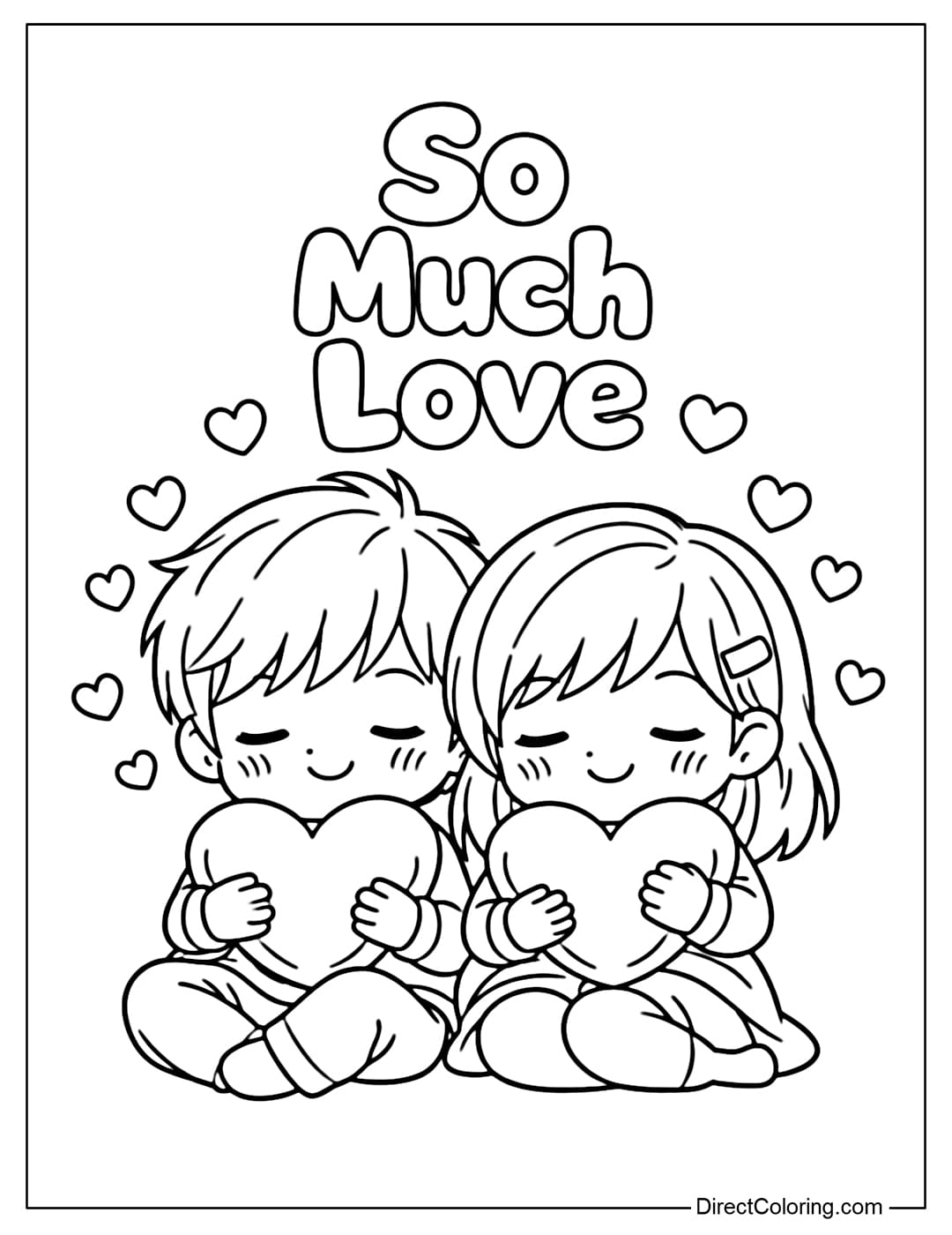 A coloring page of a chibi couple sitting next to each other, each hugging a heart-shaped pillow, with the words 