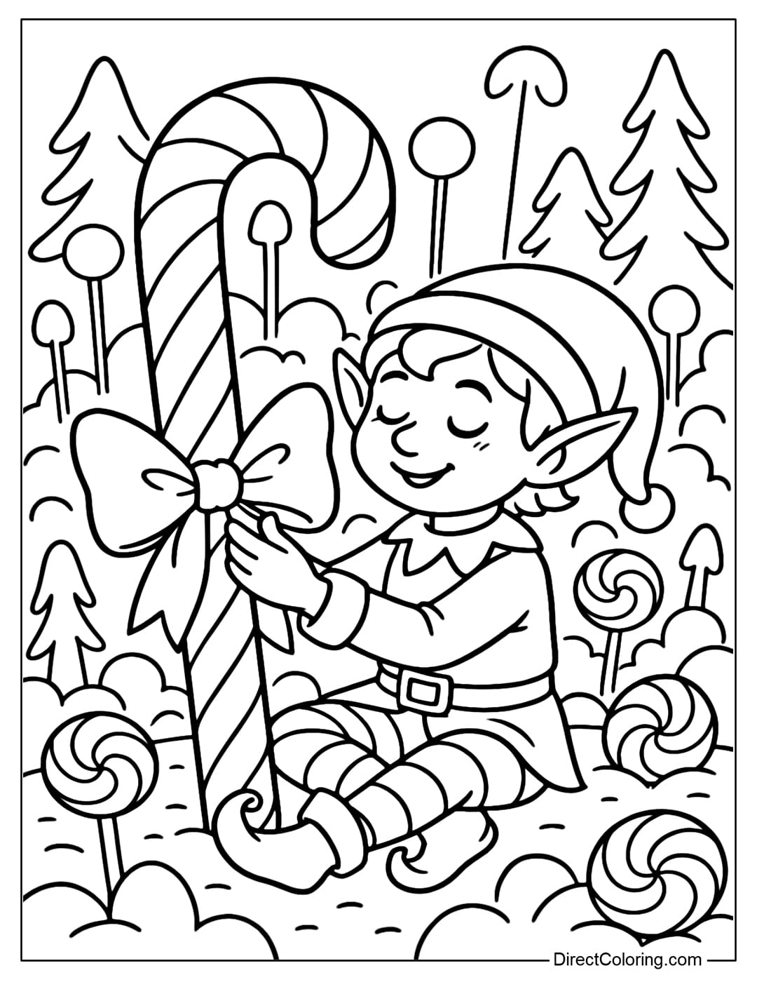 Elf coloring page tying a bow to a giant lollipop, sitting in the middle of a candy forest.