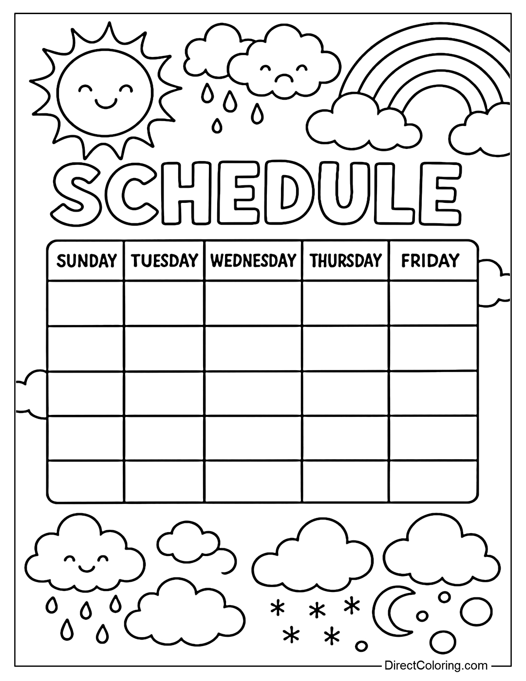 A weather-based schedule coloring page: sunny, rainy, snowy or a colorful rainbow.
