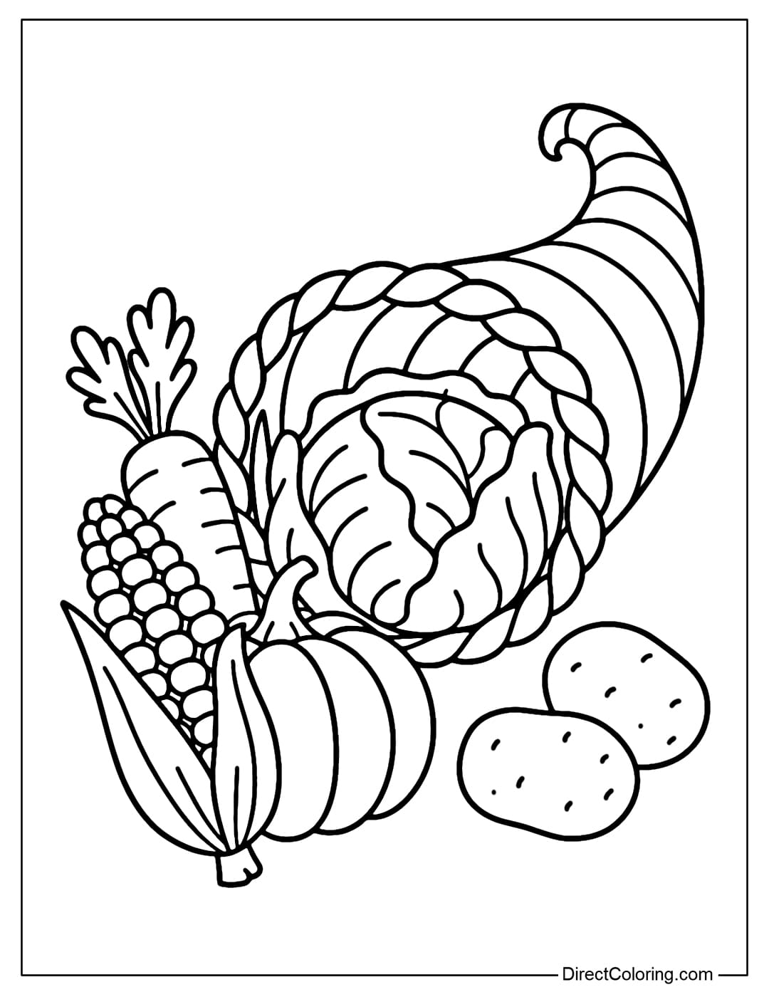Cornucopia coloring page is filled with vegetables: cabbage, carrots, corn, potatoes, pumpkins.