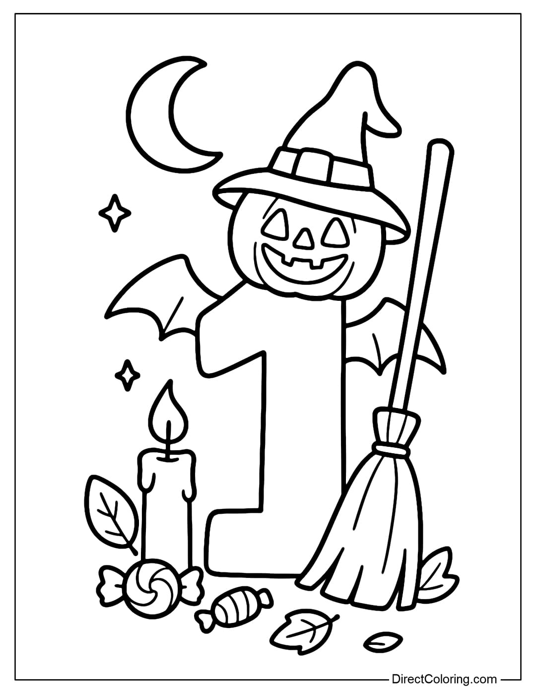 The Halloween number 1 coloring page has a pumpkin hat carved with a smiley face, next to it is a witch broom leaning on the number.