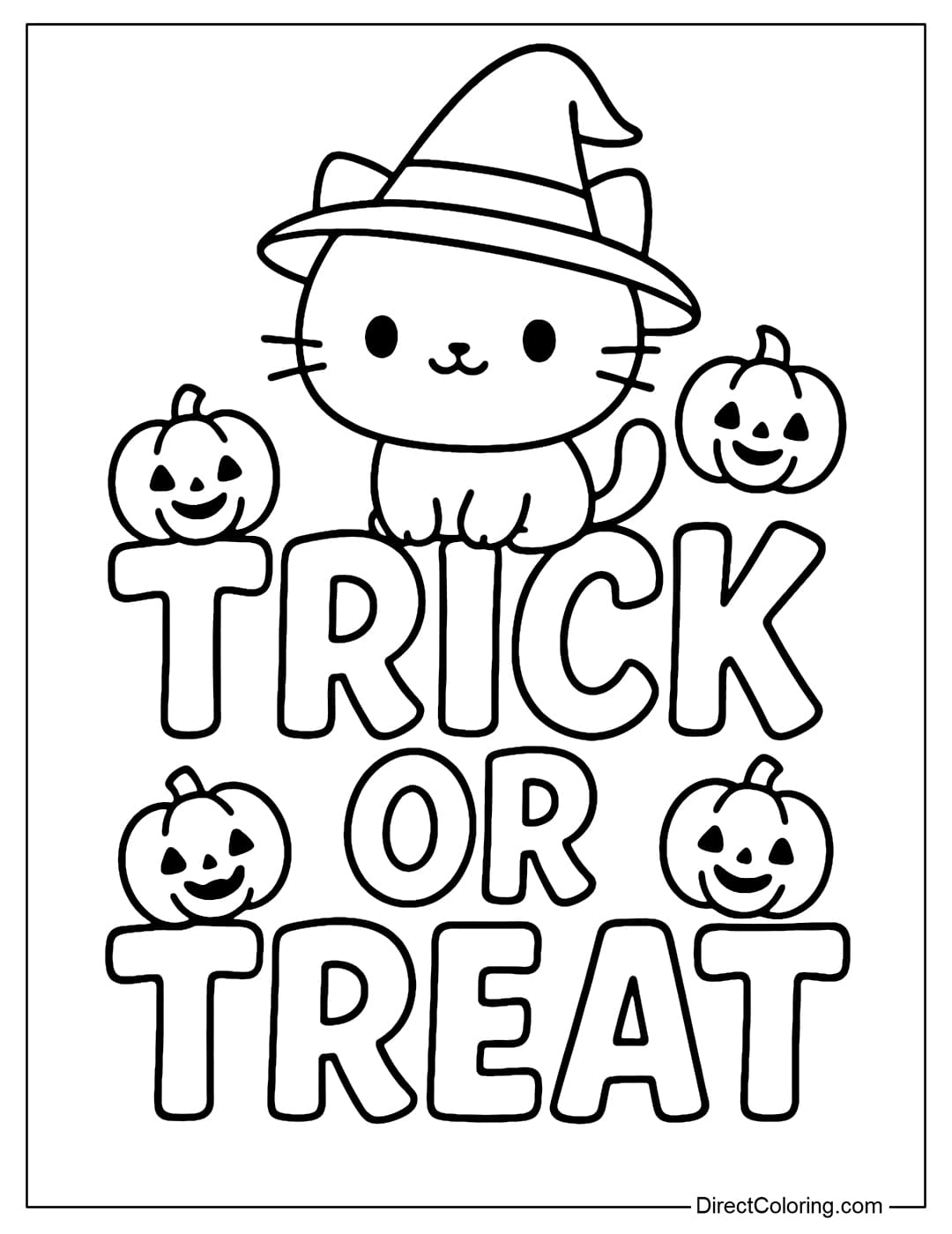 A Trick or Treat coloring page, on the letter I is a chibi cat wearing a witch hat, surrounded by a few small pumpkins.