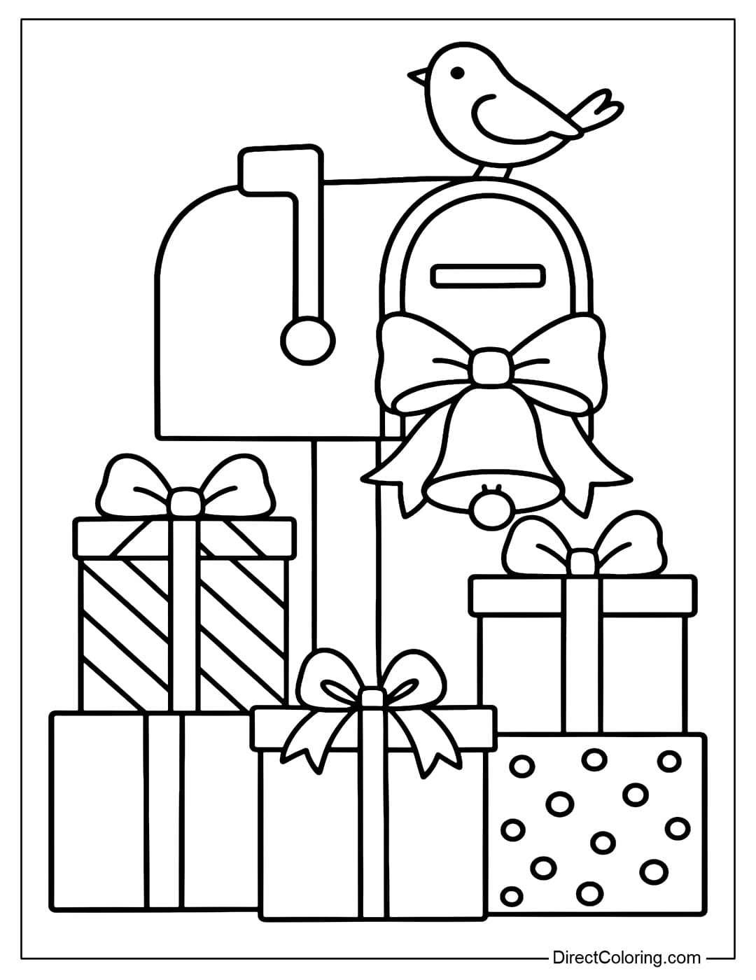 A mailbox coloring page among a large pile of colorful paper-wrapped gifts, with a golden bell, a red bow, and a little bird perched on the mailbox, with a clear layout and large details that are easy to color.
