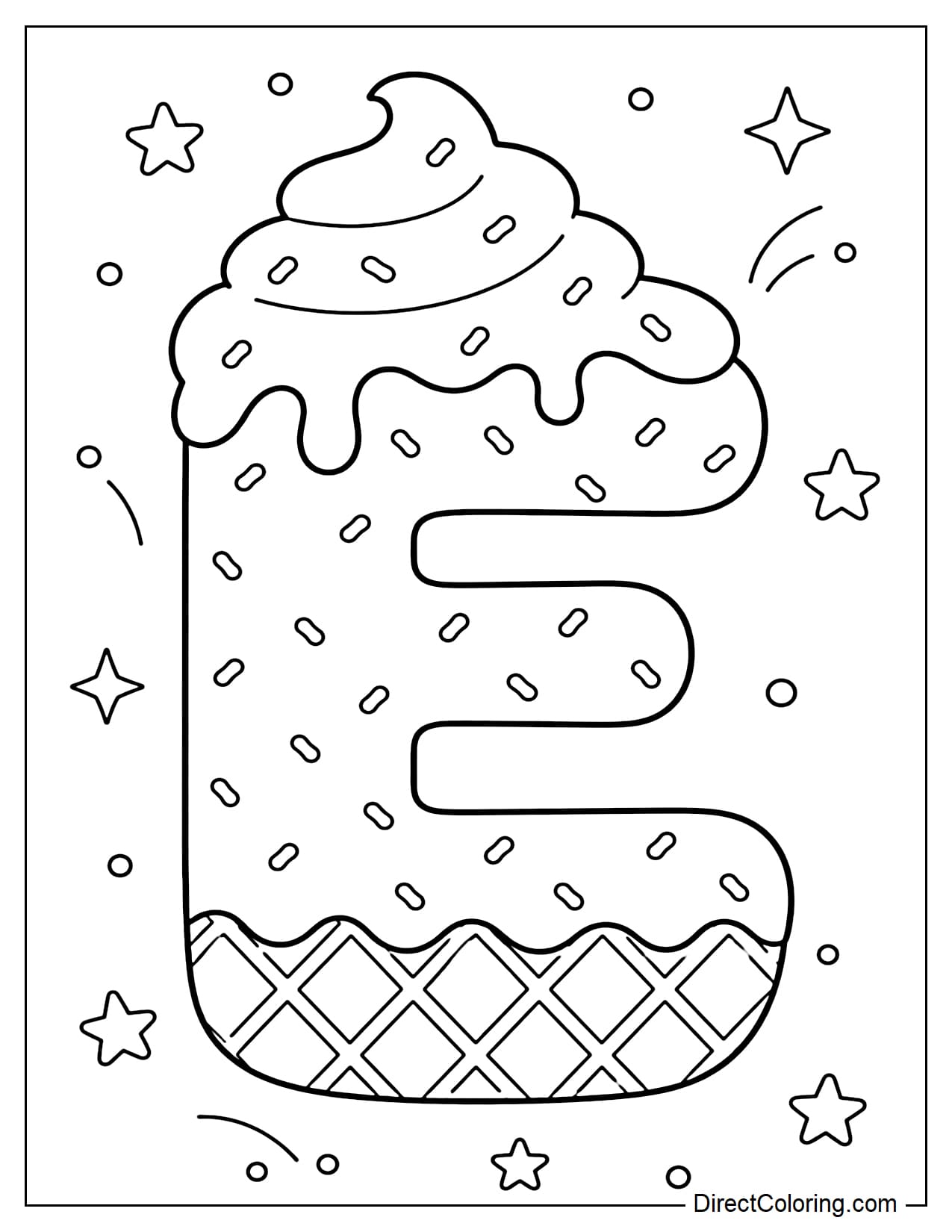 A large, bubble-shaped capital letter E made from soft serve ice cream, with a light, melted ice cream topping. The entire letter is covered with sprinkles, and the base has a waffle texture. It is surrounded by small stars and dots.