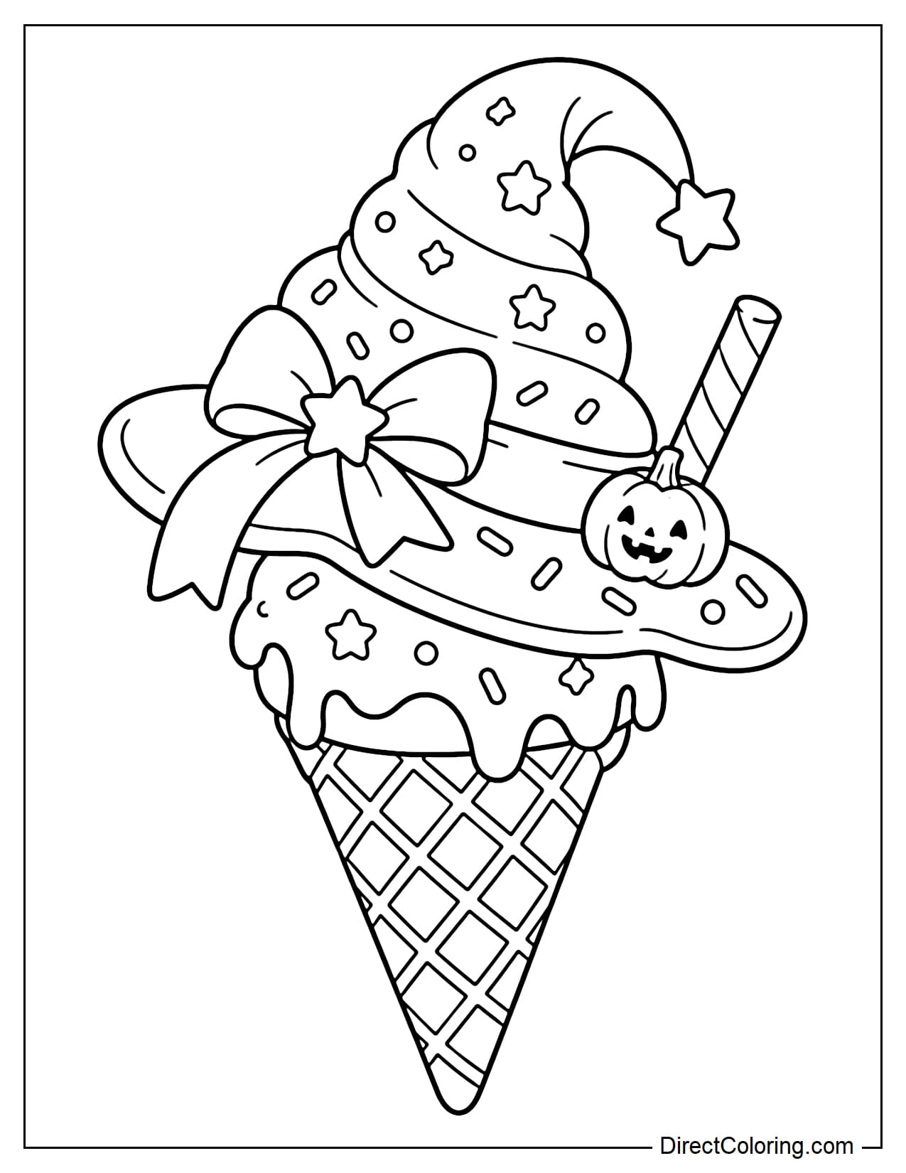 A large Halloween ice cream cone with the ice cream shaped like a tilted witch hat. A large bow decorates the brim, with a small pumpkin candy added as a sweet Halloween accent.