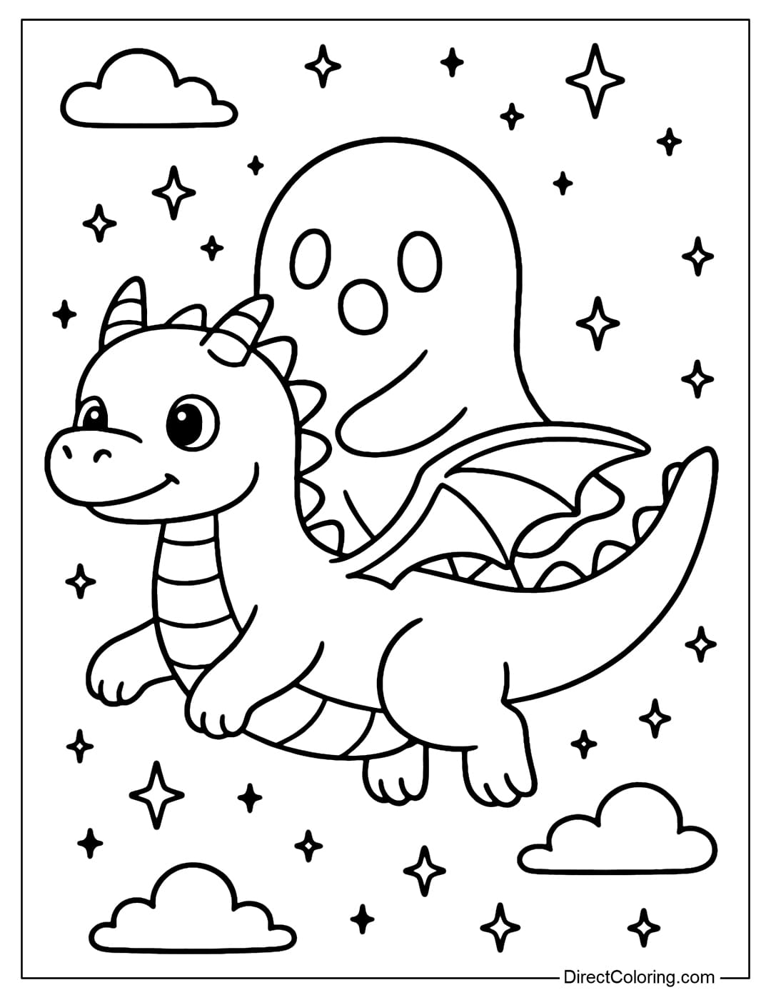 A cute ghost coloring page riding a baby dragon, flying in the starry sky, combining fantasy and cuteness.