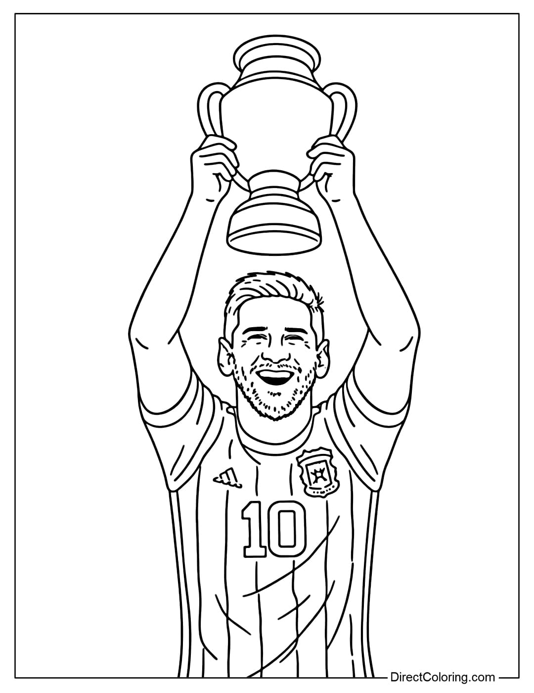 Coloring page of Lionel Messi lifting the World Champion trophy, capturing the feeling of victory.