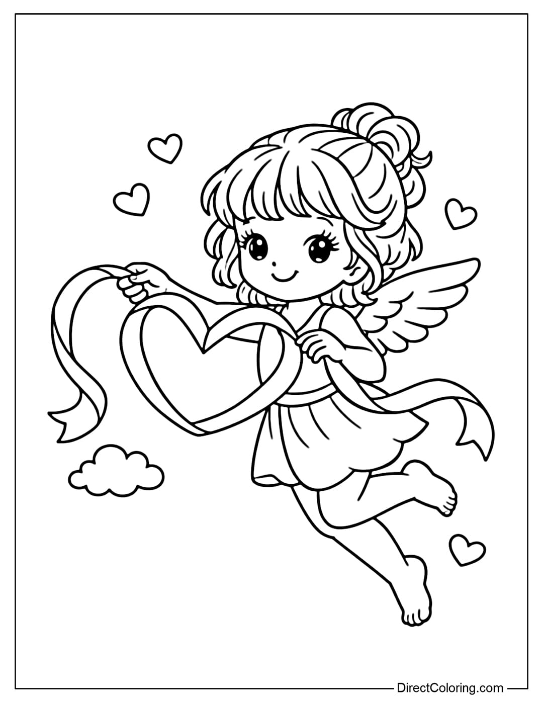 A coloring page depicting Cupid holding a curved ribbon, the ribbon forming a soft heart shape.