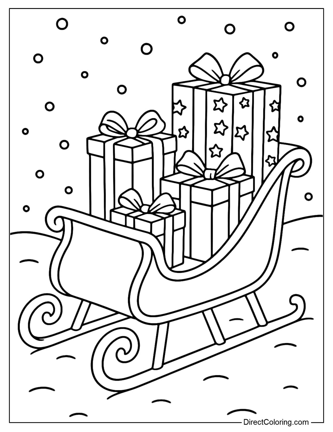 A traditional sleigh coloring page filled with gifts, gift boxes with star patterns.