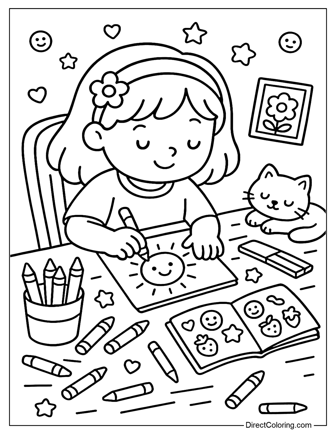Coloring page of a little girl coloring in a space filled with crayons, stickers, sketchbooks and kittens.