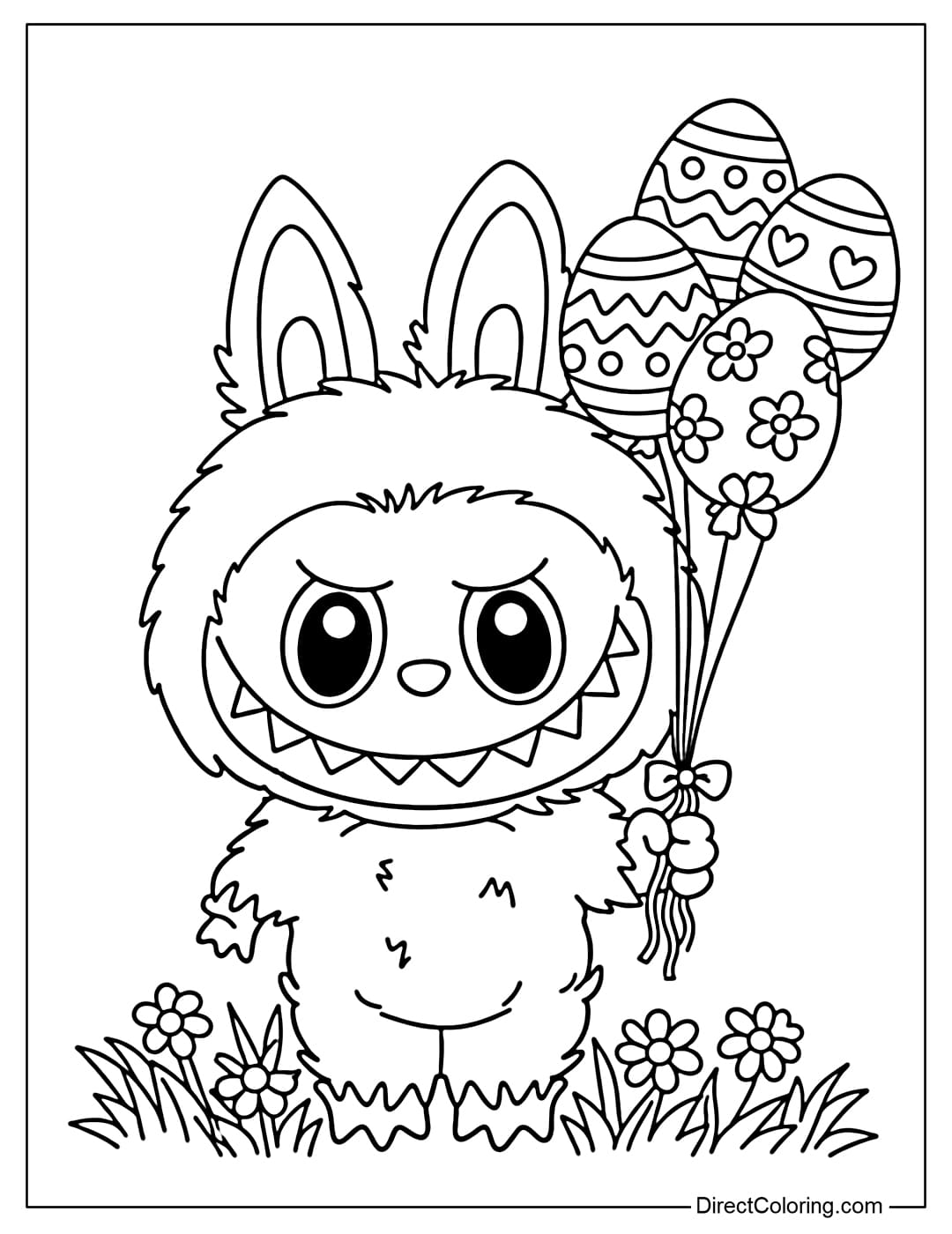 This coloring page shows Labubu holding a bunch of Easter egg-shaped balloons with spring grass underneath.