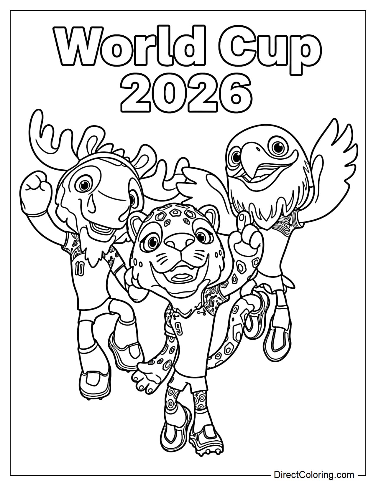 The three mascots for the 2026 World Cup are Maple (a moose), Zayu (a jaguar), and Clutch (a bald eagle), with the large text 