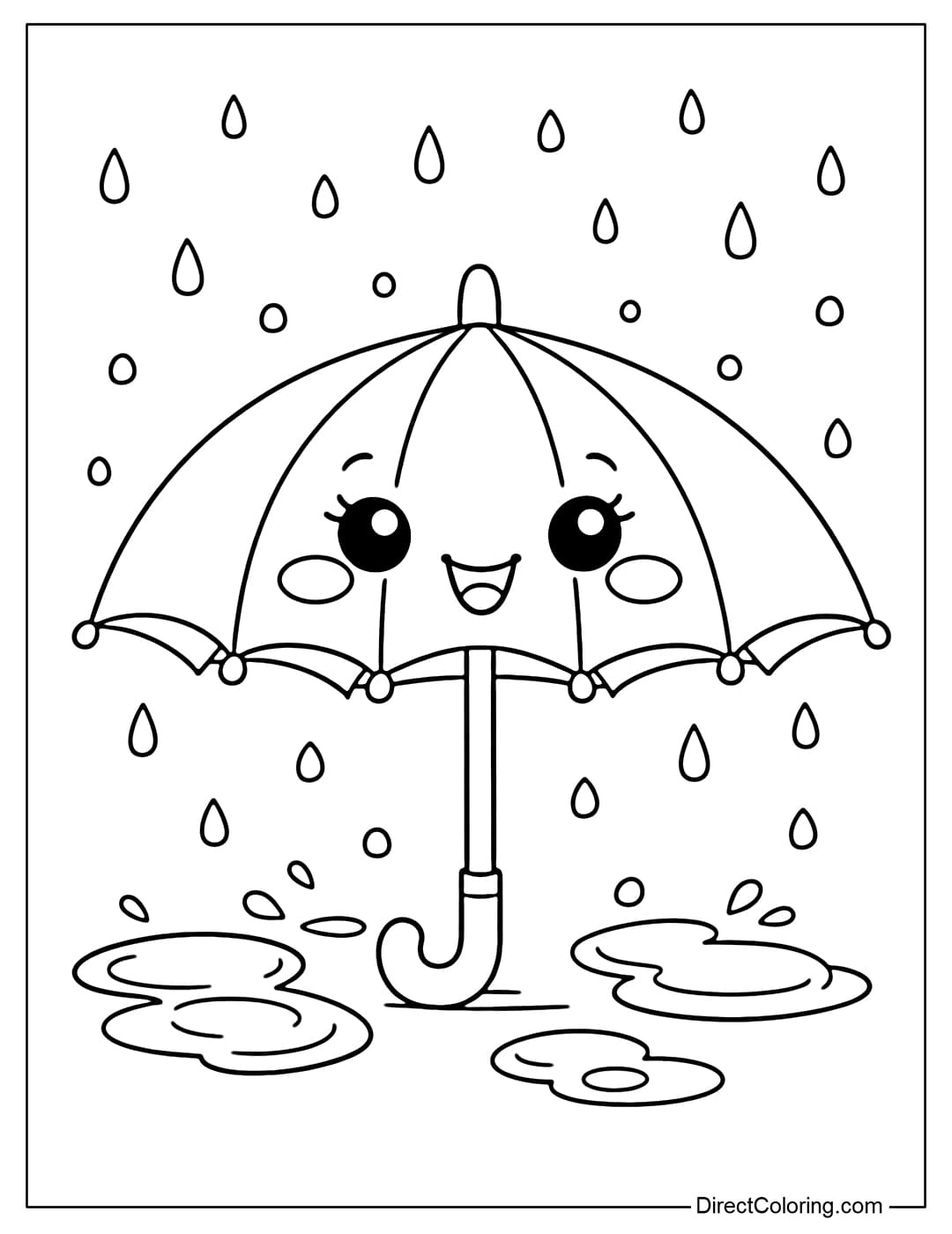 A coloring page featuring a cute umbrella with a smiling face, standing in a light rain with small round raindrops and puddles around it.