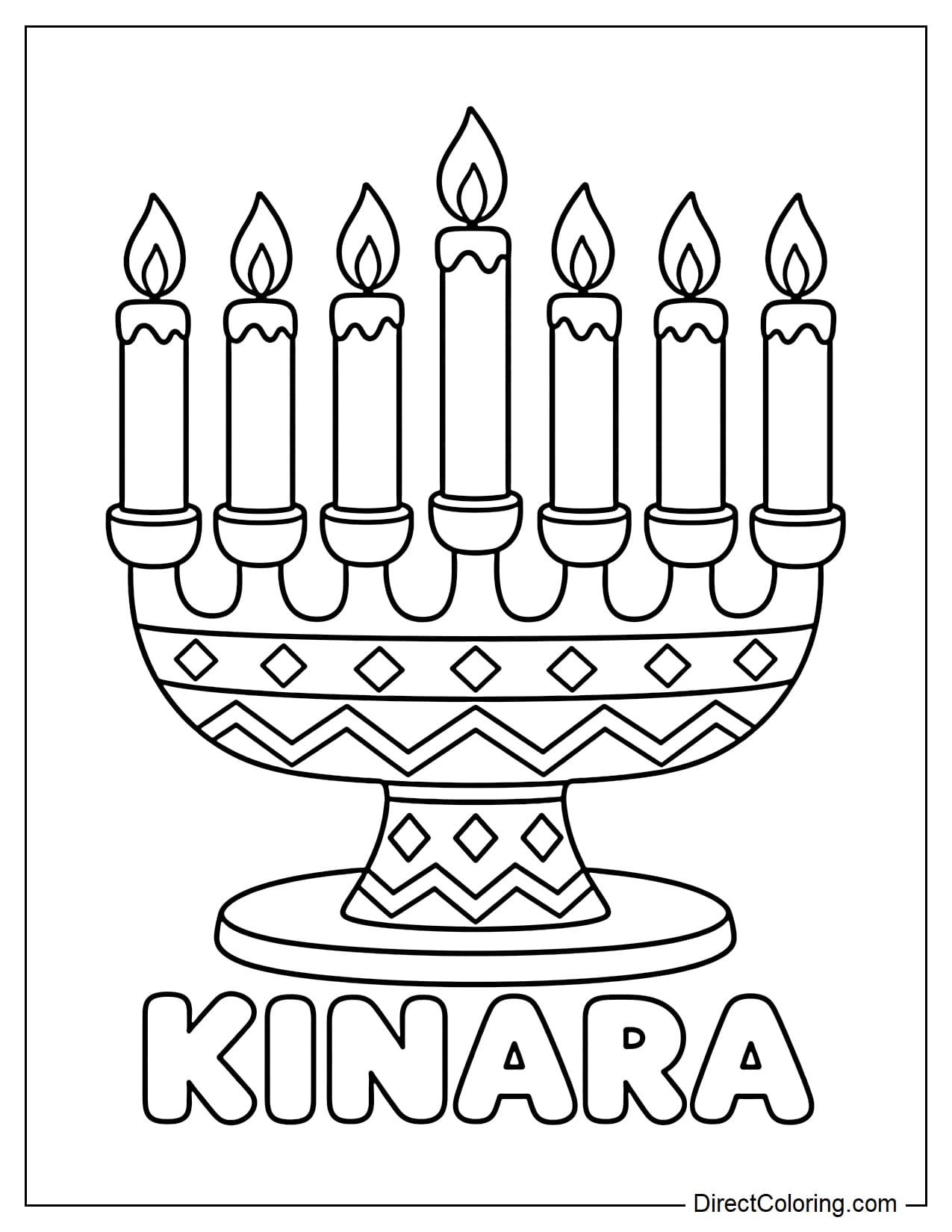 A traditional Kinara holds seven candles on a base decorated with simple geometric patterns, with the word 